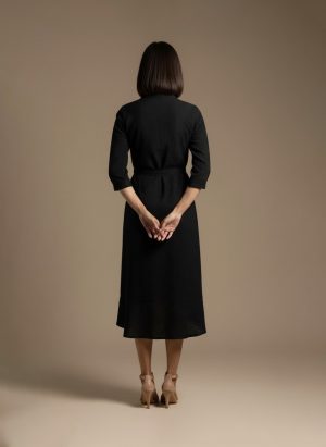 Black eyelet shirt dress for women – front view showing collared neckline, button-down design, and waist tie, by Ivory by Radhika.