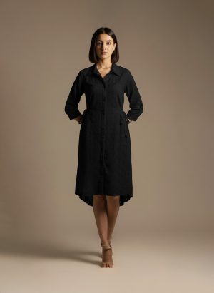 Black eyelet shirt dress for women – front view showing collared neckline, button-down design, and waist tie, by Ivory by Radhika.