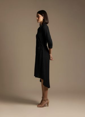 Black eyelet shirt dress for women – front view showing collared neckline, button-down design, and waist tie, by Ivory by Radhika.