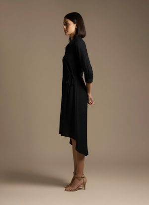 Black eyelet shirt dress for women – front view showing collared neckline, button-down design, and waist tie, by Ivory by Radhika.