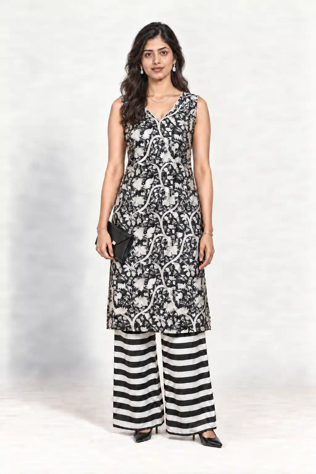 Black and white botanical-print sleeveless kurta with striped palazzo trousers, full-length front view