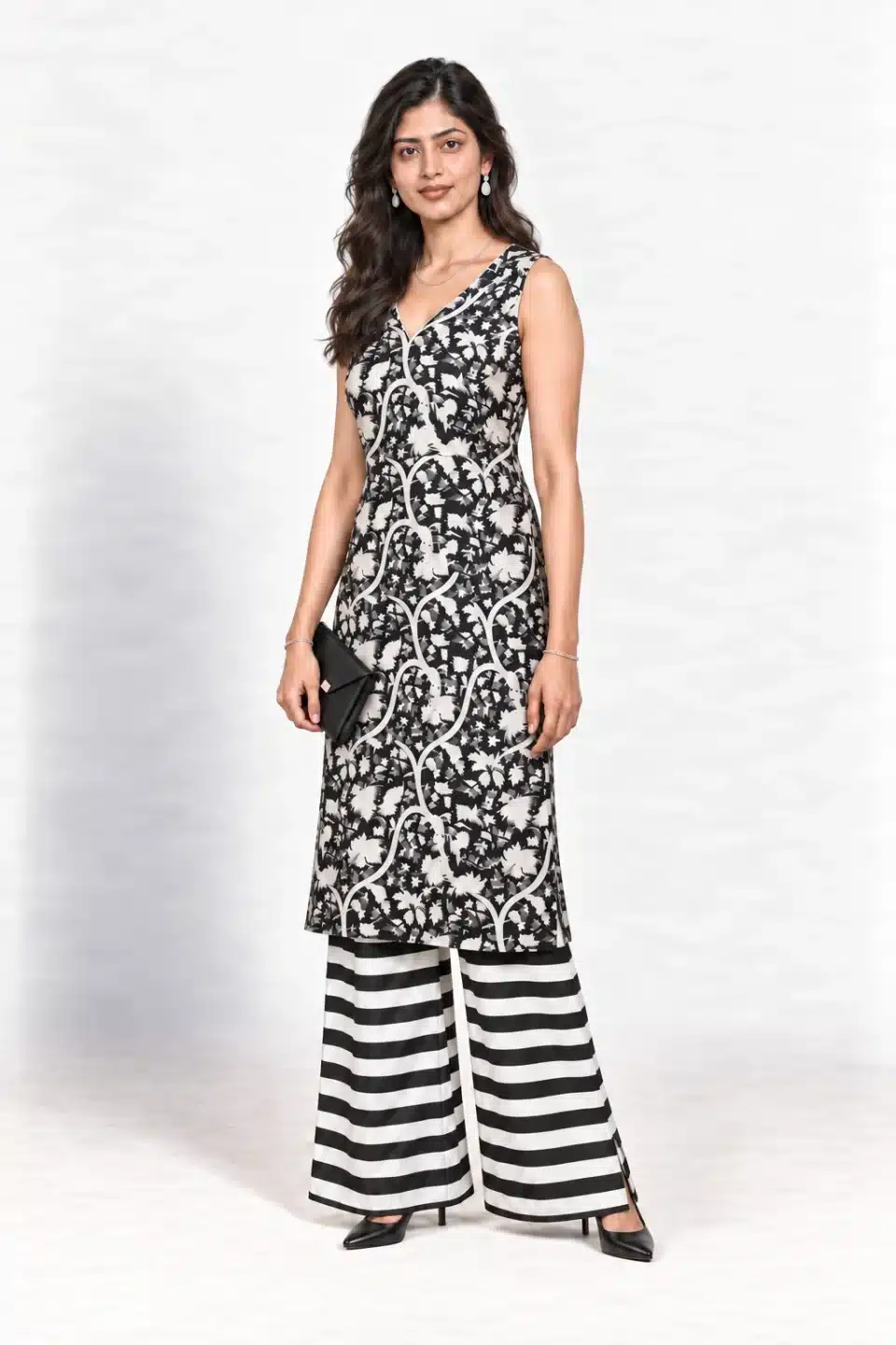 Black and white botanical-print sleeveless kurta with striped palazzo trousers, three-quarter view