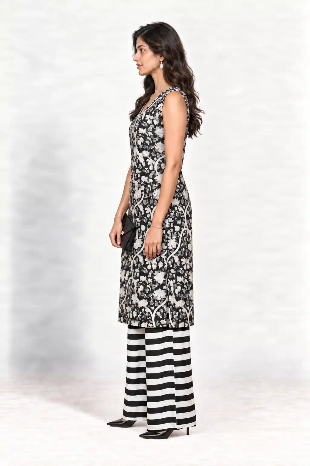 Black and white botanical-print sleeveless kurta with striped palazzo trousers, full-length side view