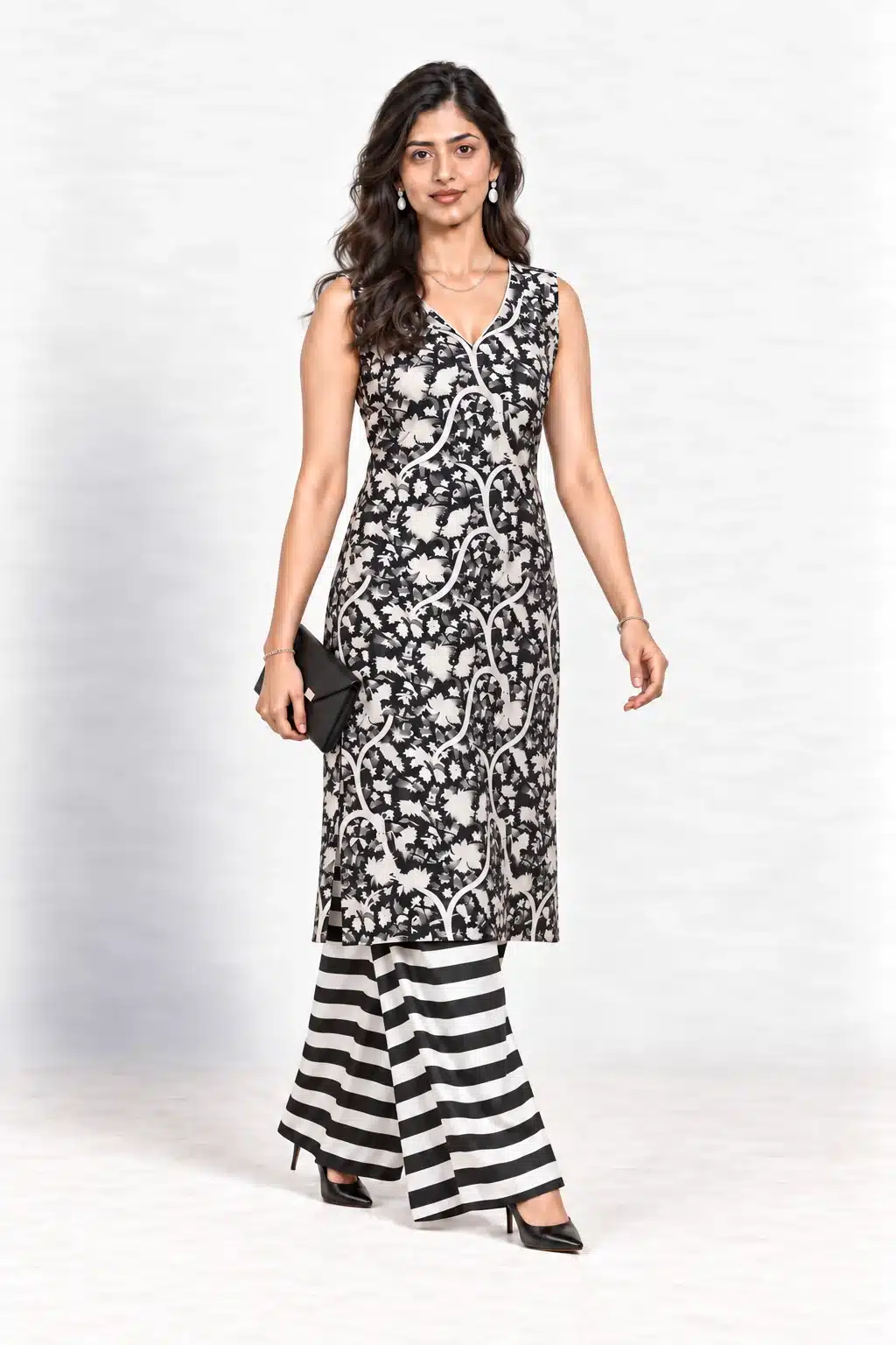 Black and white botanical-print sleeveless kurta with striped palazzo trousers, walking pose