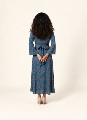 Blue floral Ajrakh maxi dress, full-length back view showing waist tie and flared sleeves