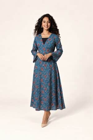 Blue floral Ajrakh maxi dress with red motifs and flared sleeves, full-length front view