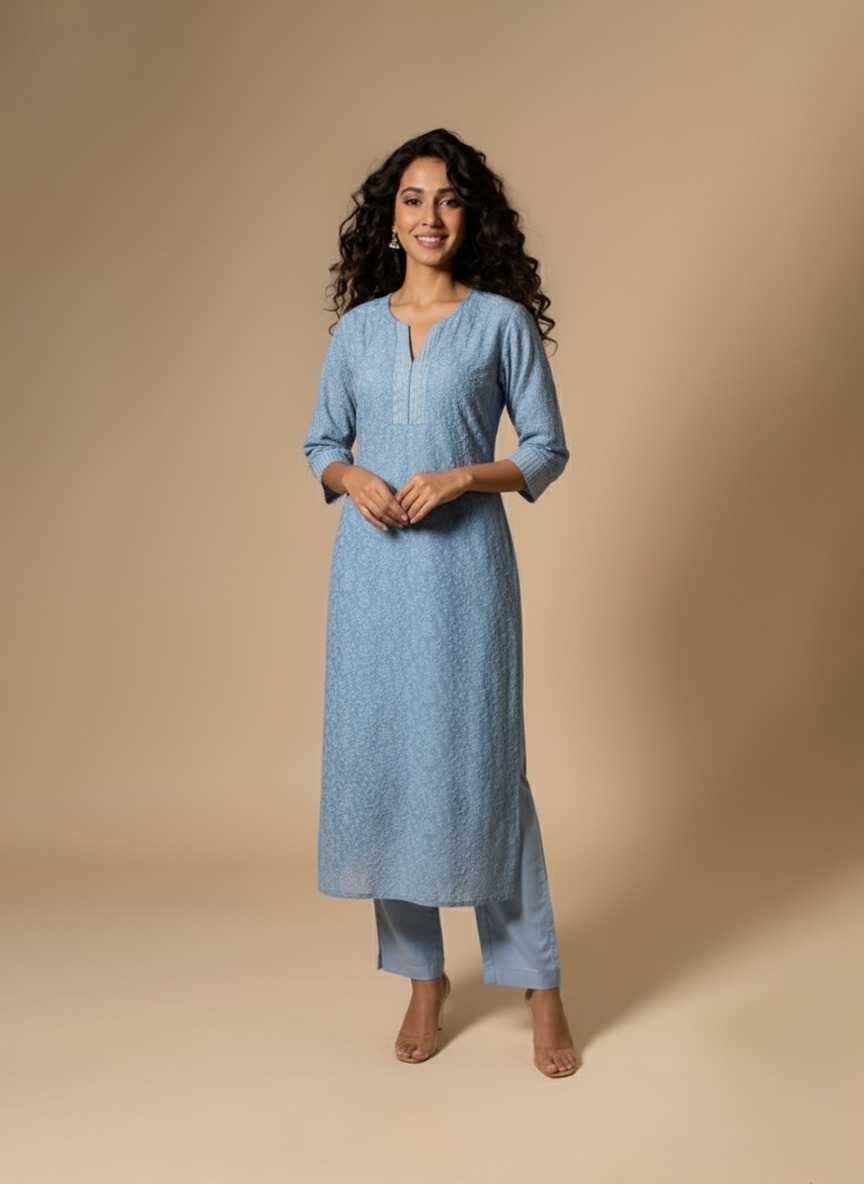 sky blue cotton straight kurta for women front view