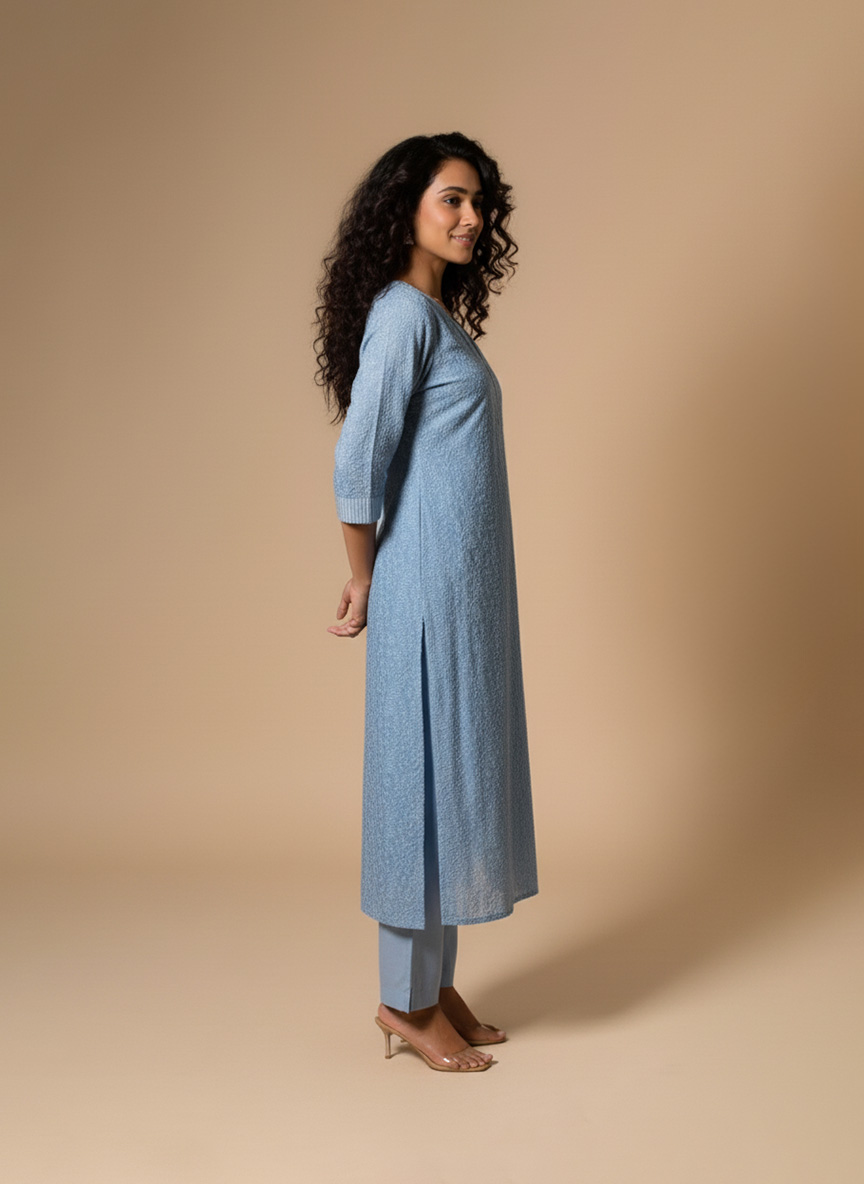 sky blue cotton straight kurta for women front view