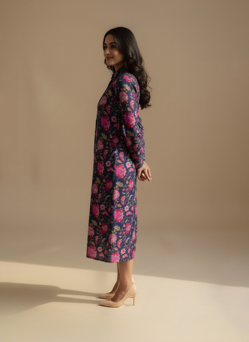 navy floral shirt dress front view on model – Ivory by Radhika