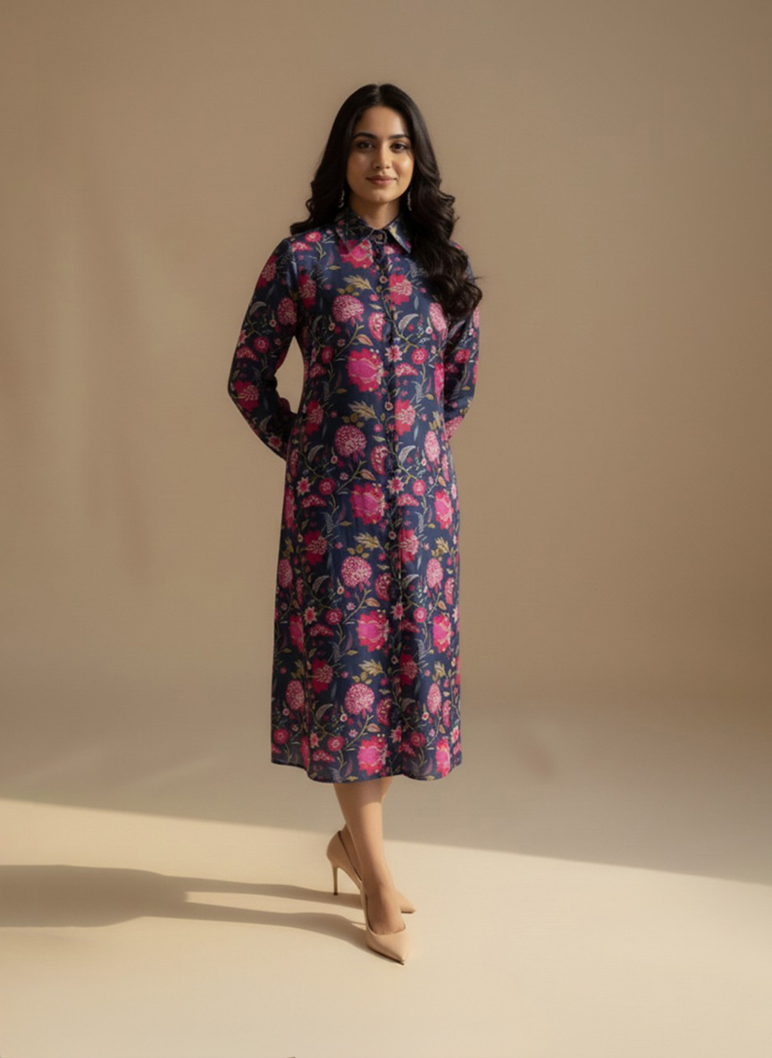 navy floral shirt dress front view on model – Ivory by Radhika