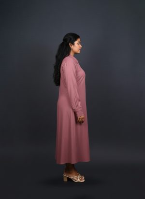 Pink button down shirt dress for women, long sleeves, front view, neutral background.