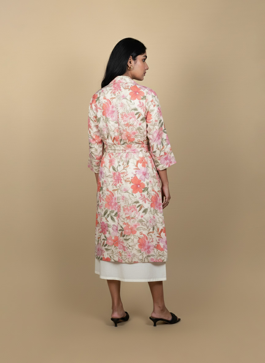 "Full view of a woman wearing a floral printed tie-waist long shrug layered over a white midi dress, posing against a beige background"