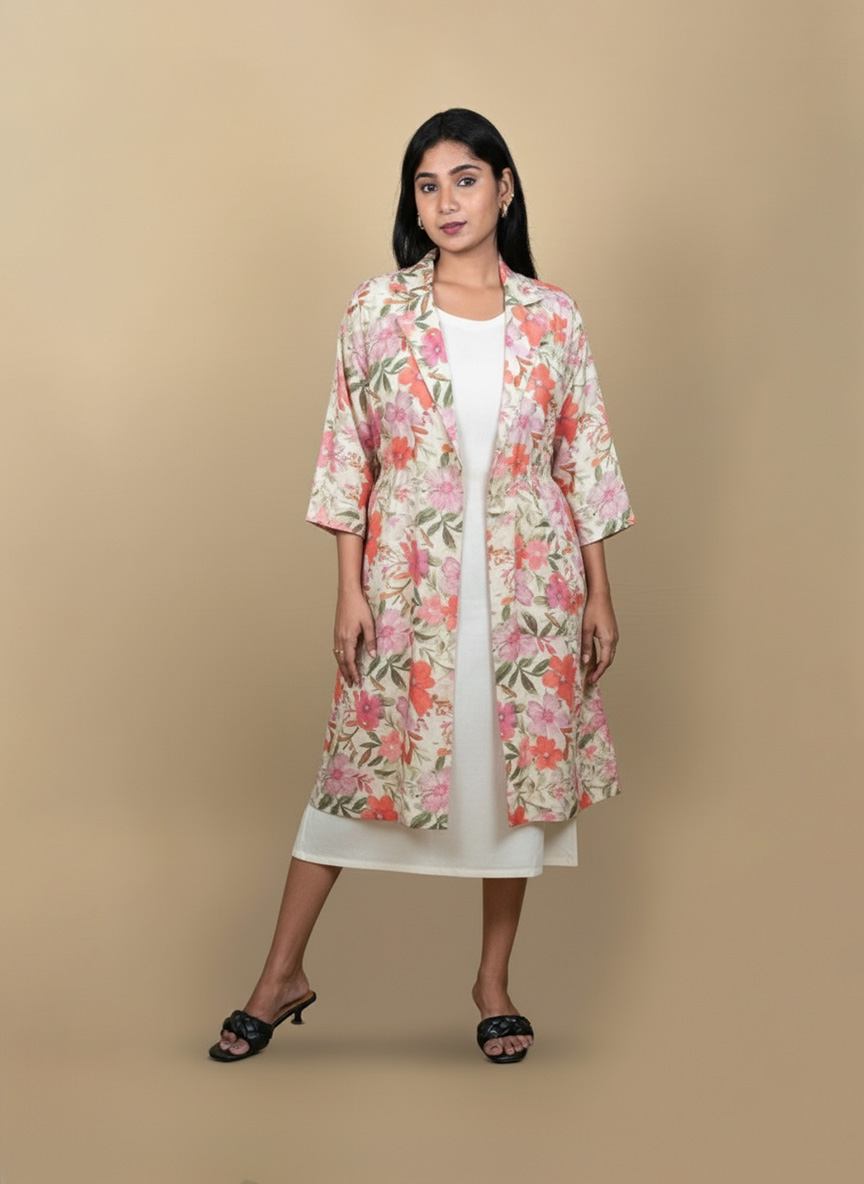 "Full view of a woman wearing a floral printed tie-waist long shrug layered over a white midi dress, posing against a beige background"