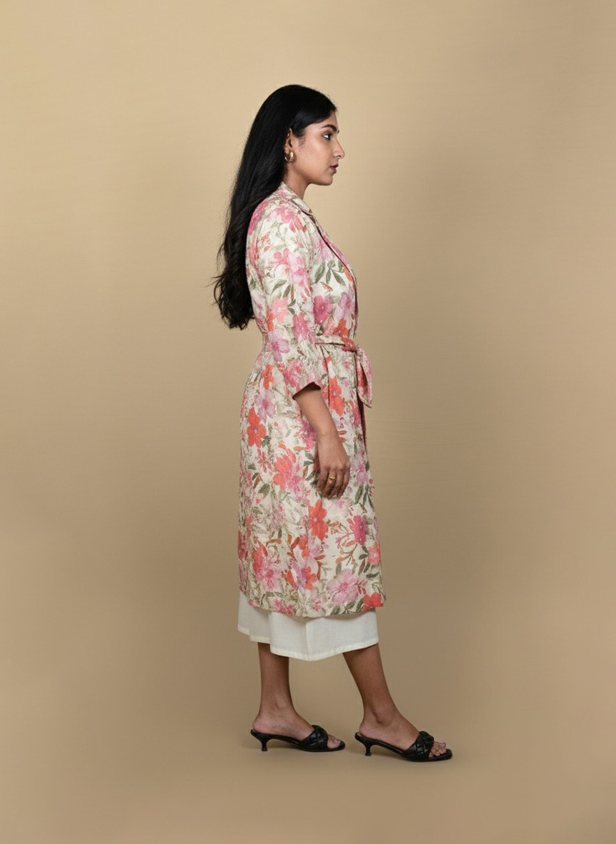 "Full view of a woman wearing a floral printed tie-waist long shrug layered over a white midi dress, posing against a beige background"