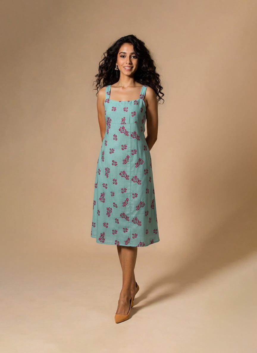 “Woman wearing an aqua green floral cotton midi dress with wide shoulder straps and pink flower prints, standing against a beige background.”