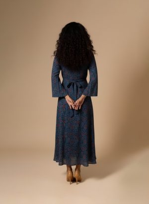 blue floral printed maxi dress front view on model – Ivory by Radhika