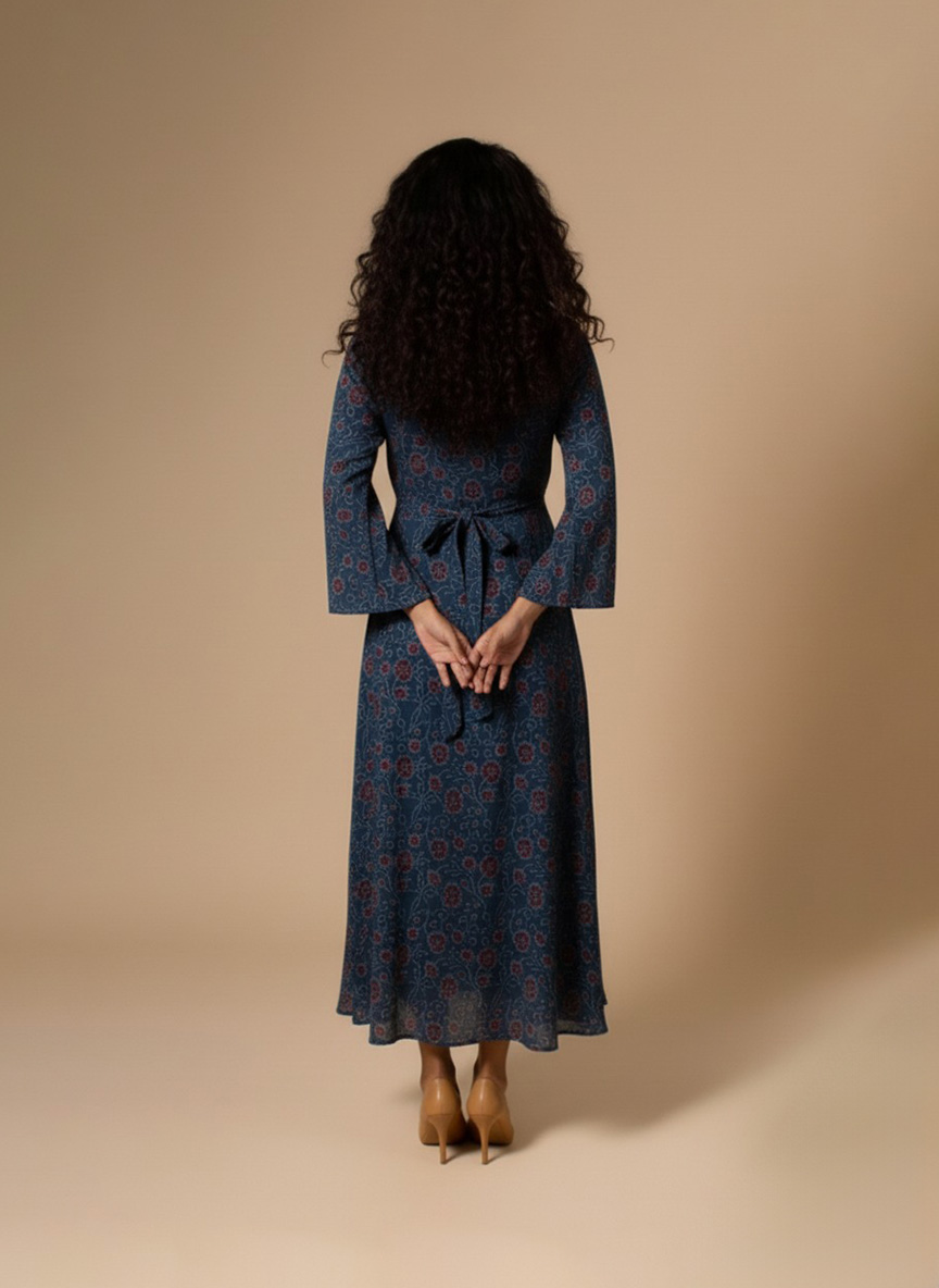 blue floral printed maxi dress front view on model – Ivory by Radhika