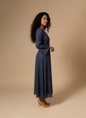 blue floral printed maxi dress front view on model – Ivory by Radhika