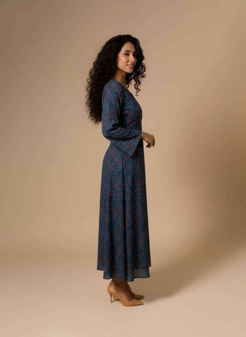 blue floral printed maxi dress front view on model – Ivory by Radhika