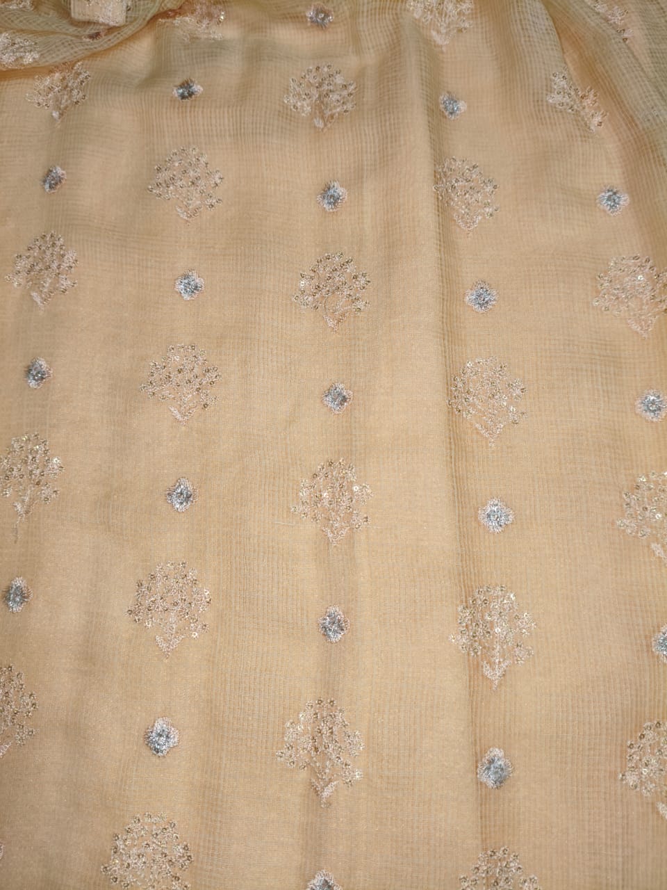 “Woman wearing a peach Kota embroidered kurta set with gold lace border and sheer full sleeves, standing against a beige background.”