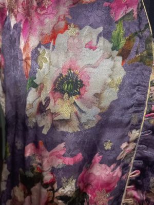 Purple floral kurta set for women – cotton co-ord with pink flower print and short-sleeved kurta by Ivory by Radhika.