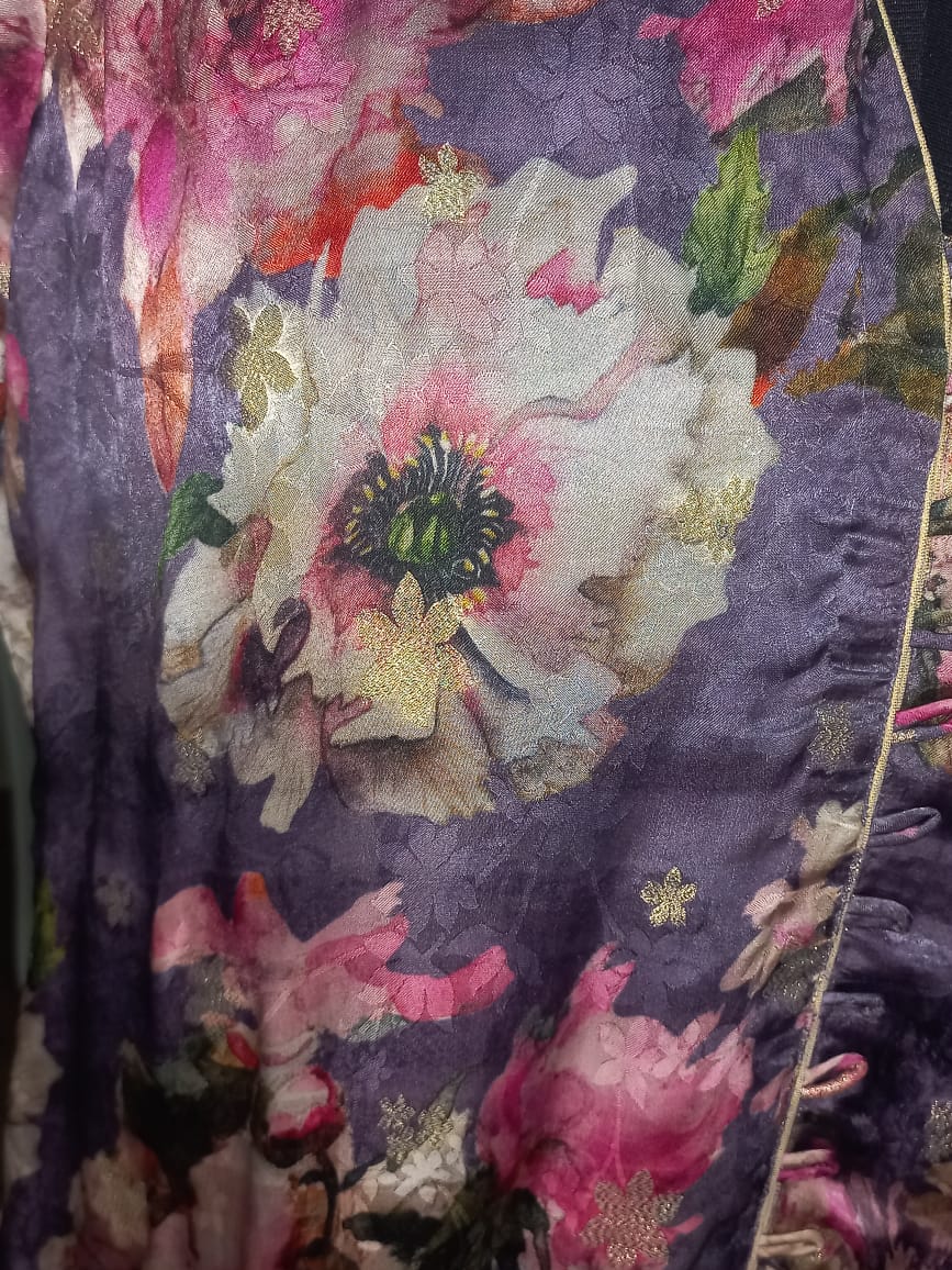 Purple floral kurta set for women – cotton co-ord with pink flower print and short-sleeved kurta by Ivory by Radhika.