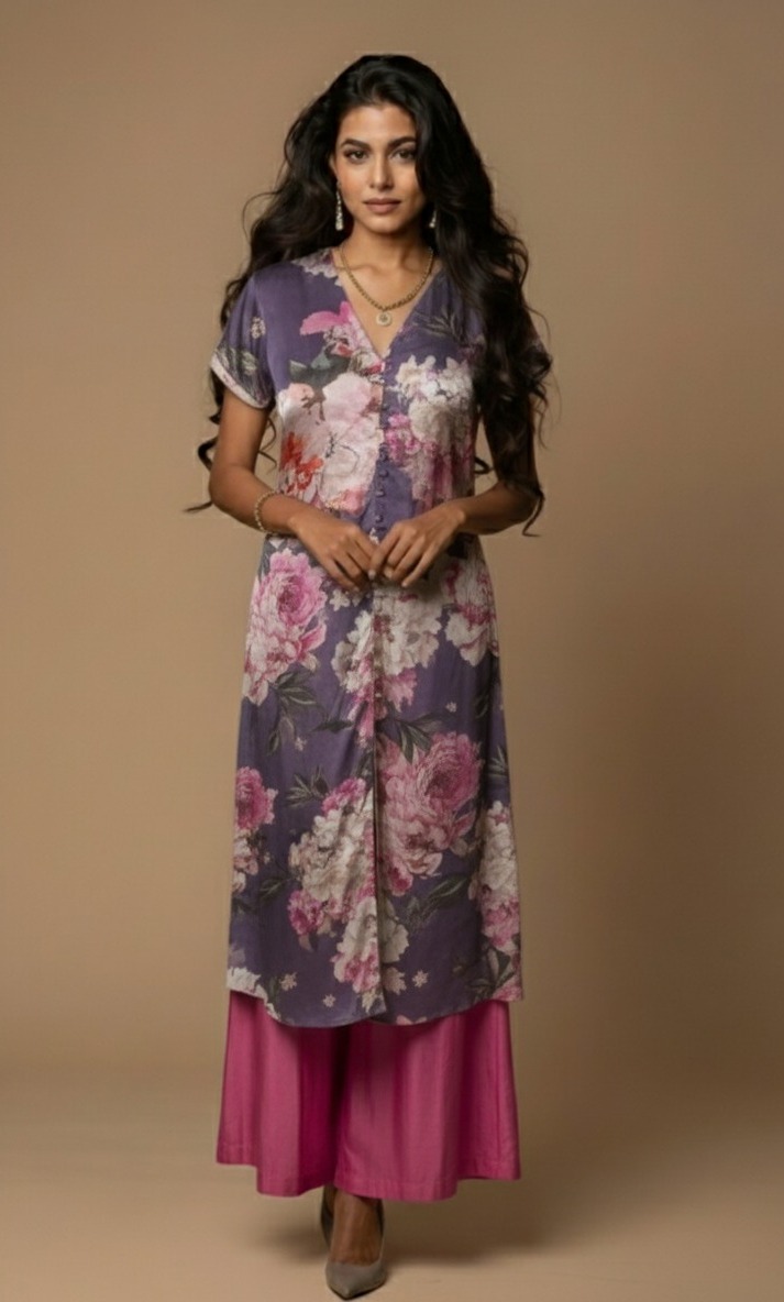 Purple floral kurta set for women – cotton co-ord with pink flower print and short-sleeved kurta by Ivory by Radhika.