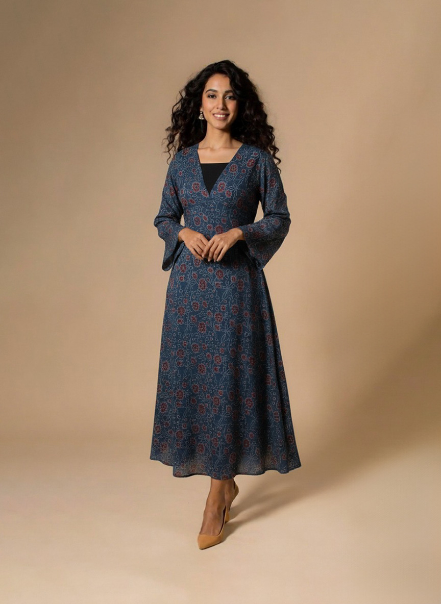 blue floral printed maxi dress front view on model – Ivory by Radhika