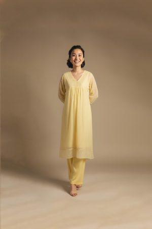 “Woman wearing a soft yellow knee-length dress with sheer long sleeves, subtle embroidery, and a relaxed fit, standing against a beige background and smiling.”