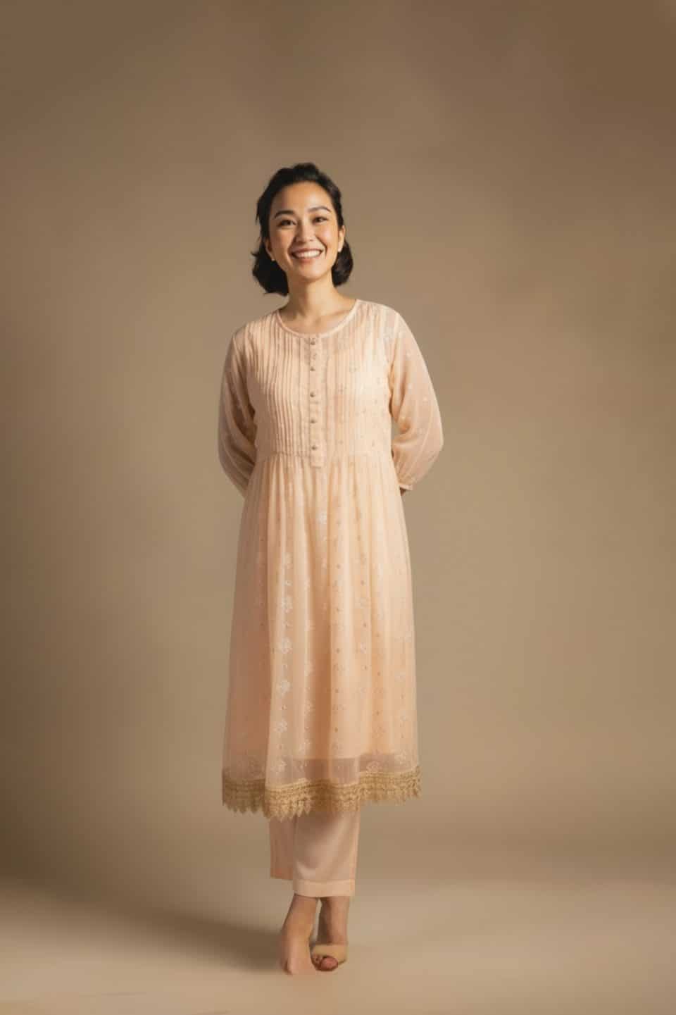 “Woman wearing a peach Kota embroidered kurta set with gold lace border and sheer full sleeves, standing against a beige background.”