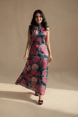 Navy floral maxi dress, full-length