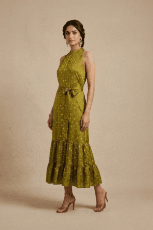 Olive green Bandhani midi dress, full-length