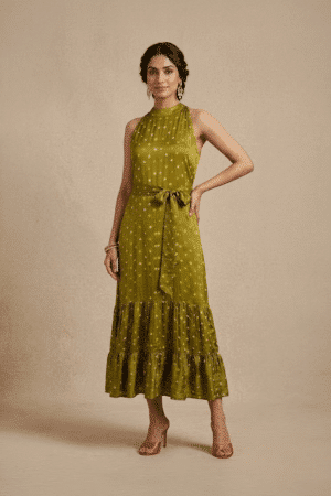 Olive green Bandhani midi dress, full-length
