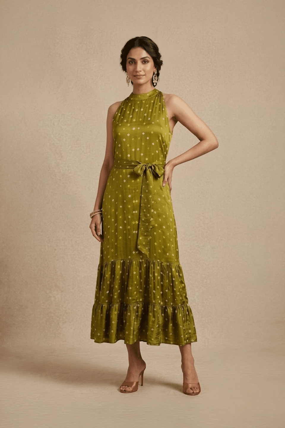 Olive Green Bandhani Midi Dress