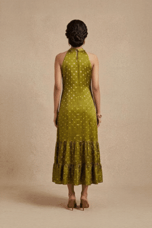 Olive green Bandhani midi dress, full-length