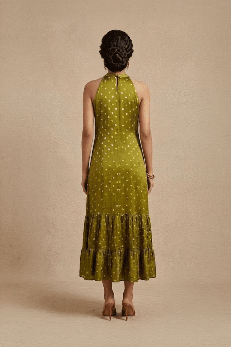 Olive green Bandhani midi dress, full-length