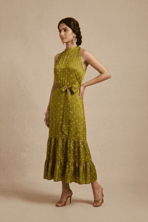 Olive green Bandhani midi dress, full-length