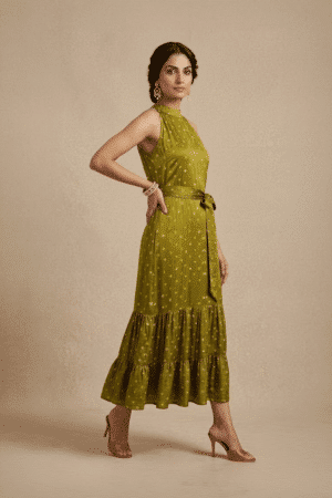 Olive green Bandhani midi dress, full-length