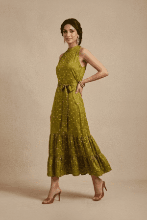 Olive green Bandhani midi dress, full-length
