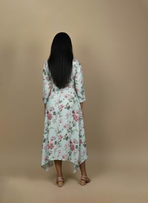 Floral high low dress for women with V-neck and 3/4 sleeves, front view.