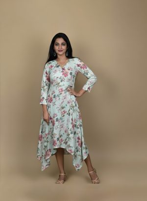 Floral high low dress for women with V-neck and 3/4 sleeves, front view.