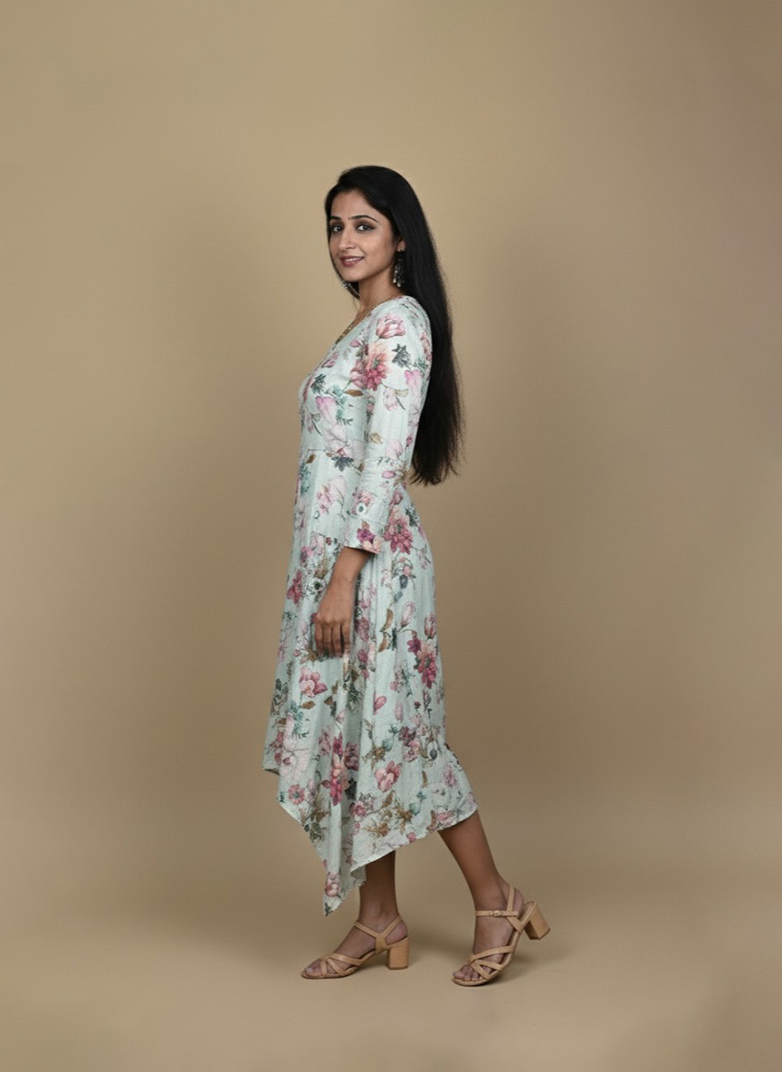 Floral high low dress for women with V-neck and 3/4 sleeves, front view.