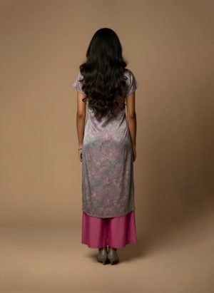 Grey pink kurta set for women – cotton floral printed co-ord with V-neck kurta and pink pants by Ivory by Radhika.