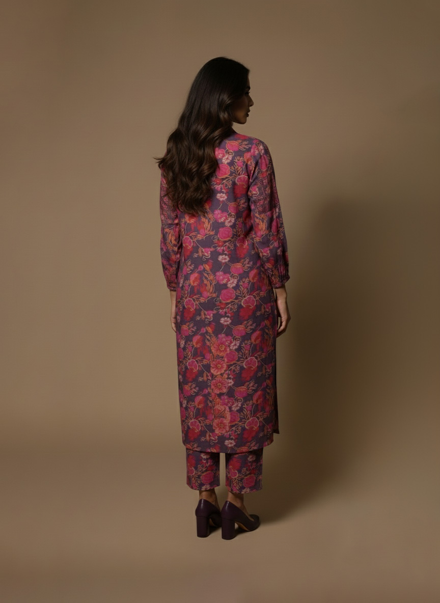 Model wearing Plum Floral Kurta Set from ivory by radhika, a cotton outfit featuring elegant plum and crimson floral prints with matching pants.