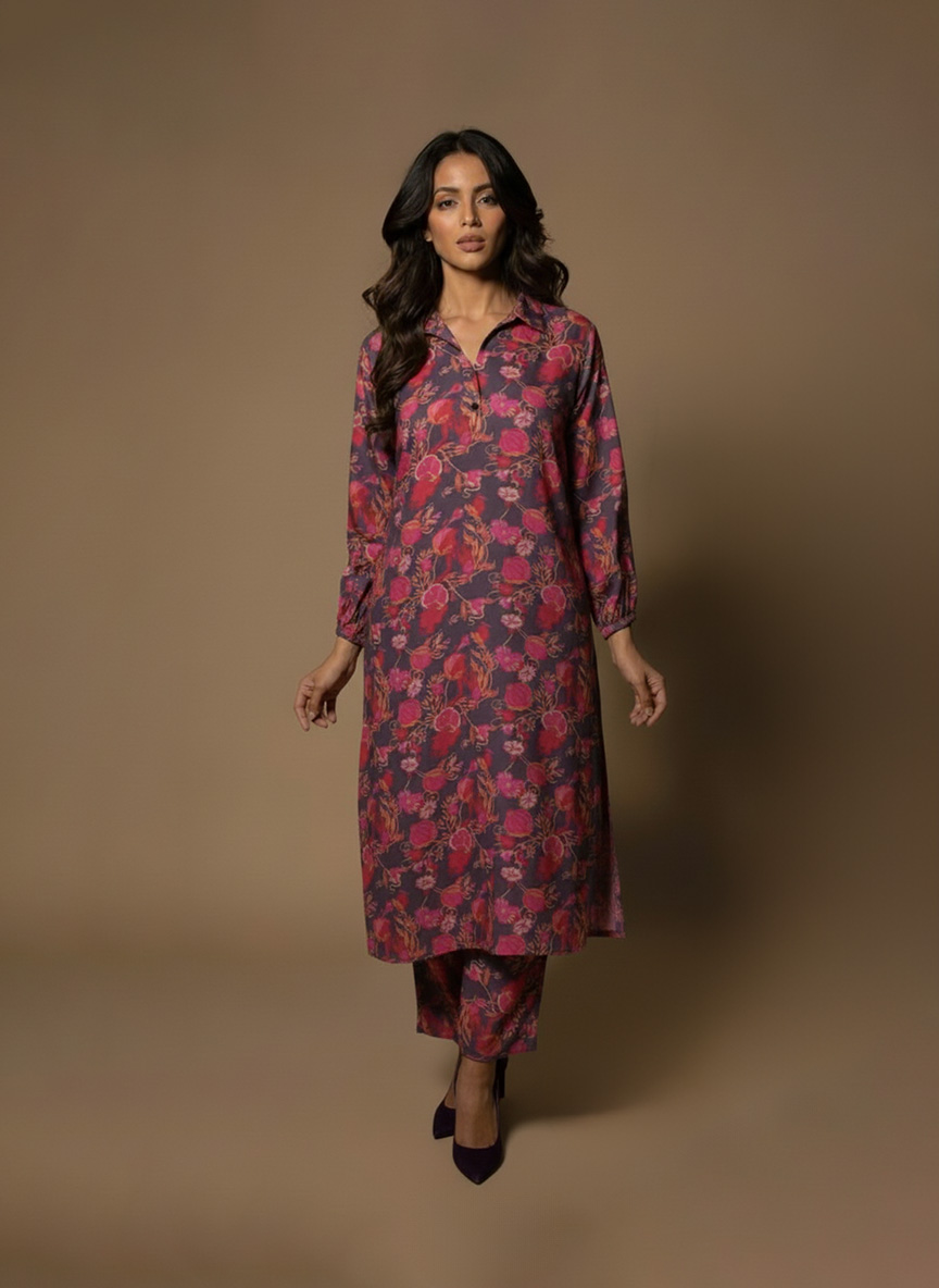 Model wearing Plum Floral Kurta Set from ivory by radhika, a cotton outfit featuring elegant plum and crimson floral prints with matching pants.