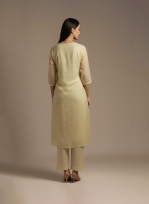 Plus size beige sequin kurta set with V-neck and full sleeves – Ivory by Radhika