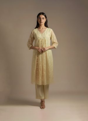 Plus size beige sequin kurta set with V-neck and full sleeves – Ivory by Radhika
