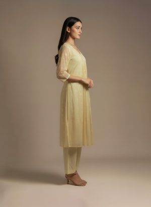 Plus size beige sequin kurta set with V-neck and full sleeves – Ivory by Radhika