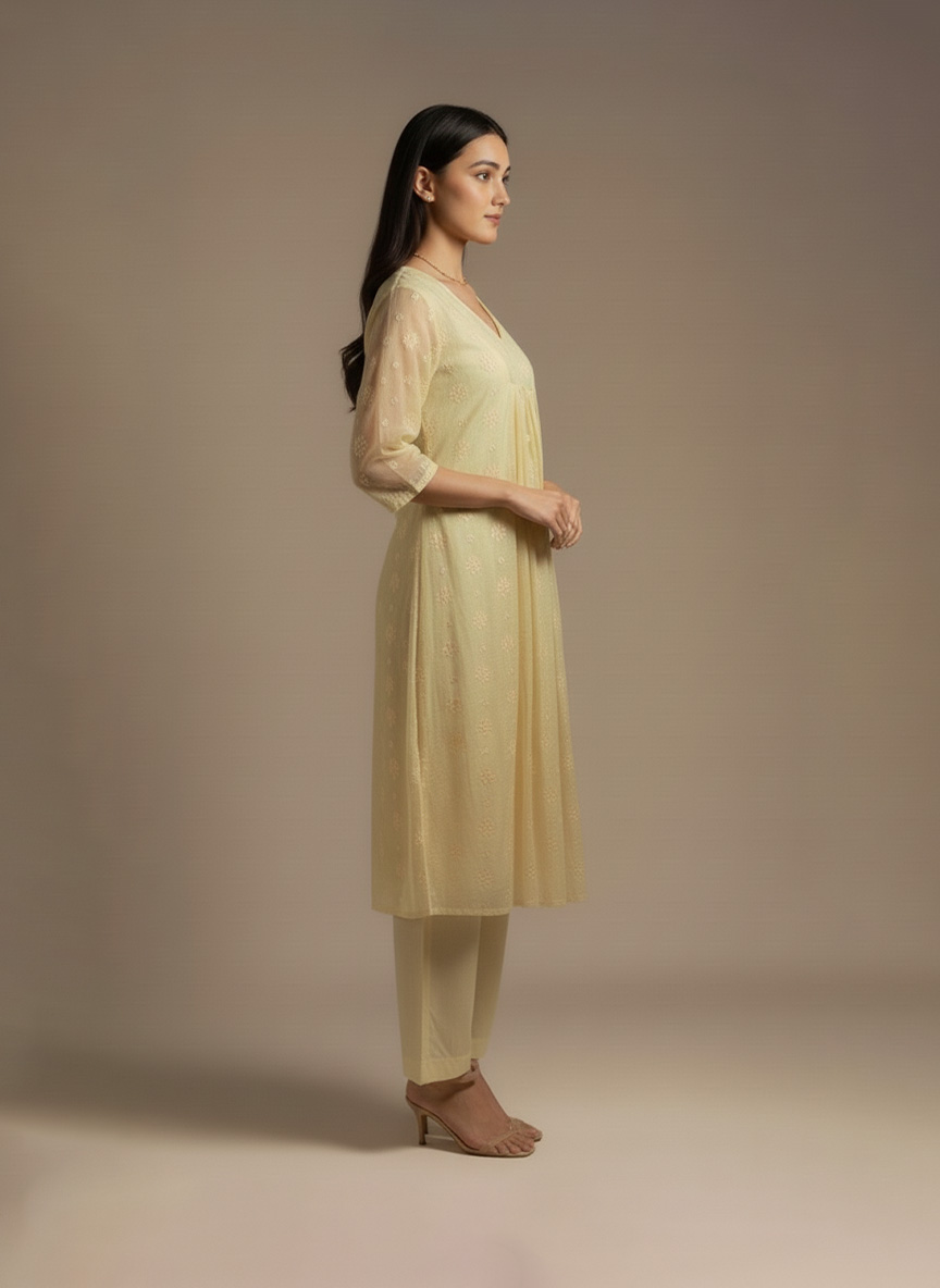 Plus size beige sequin kurta set with V-neck and full sleeves – Ivory by Radhika