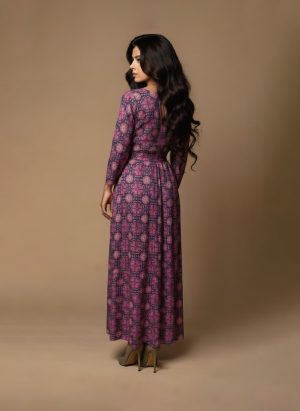 “Magenta printed maxi dress for women – long cotton floral maxi with V-neckline and flared hem by Ivory by Radhika.”